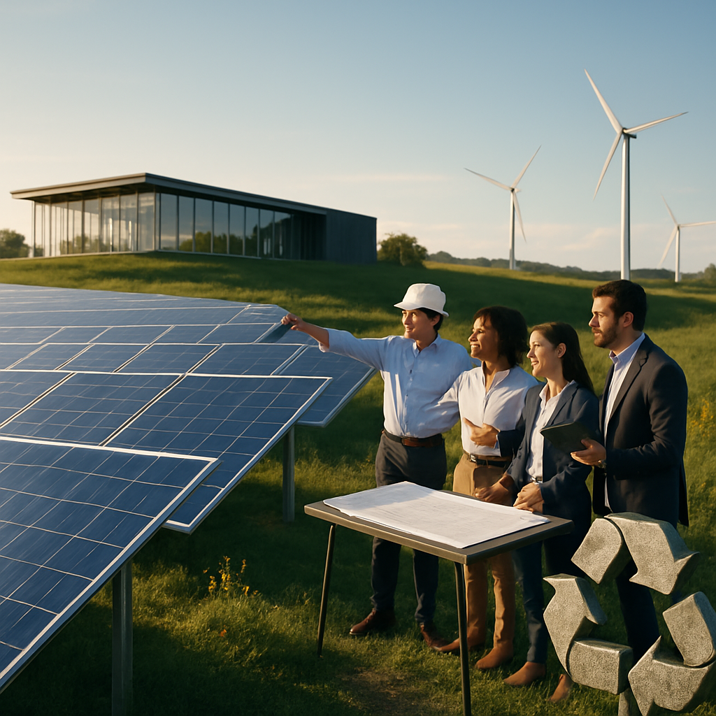 Supporting image showing team assessing solar panels and technical schematics